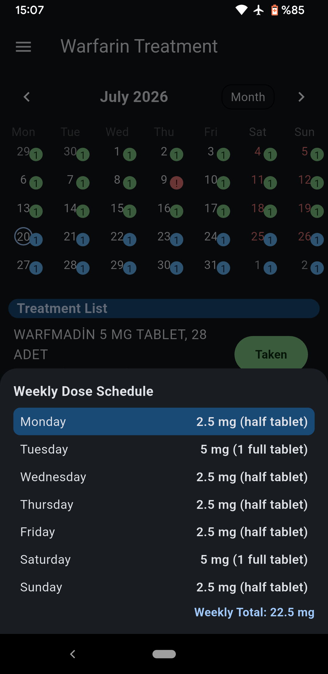 Mobile app — Weekly Dose Schedule