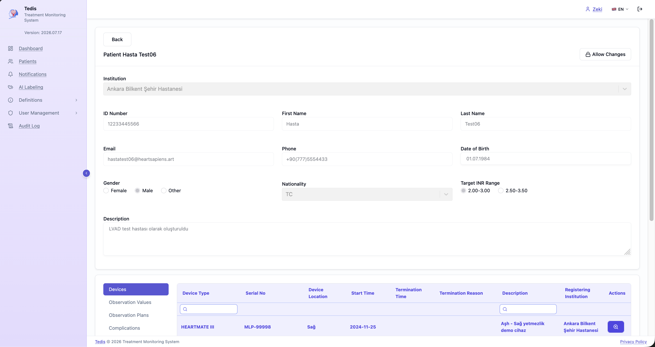 Web panel — patient record